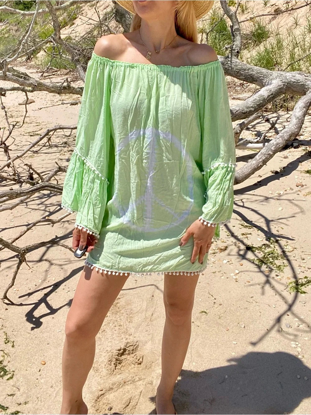 BOHO Lime Green Off-Shoulder Pom Pom Beach Cover-Up! 🐚